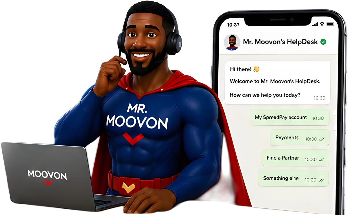 Mr. Moovon wearing a headset at a laptop, beside a phone showing the Mr. Moovon HelpDesk chat.