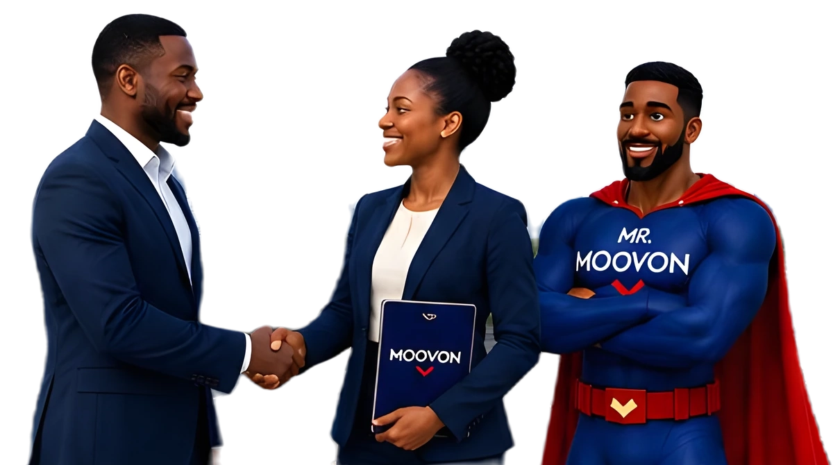 Mr. Moovon beside two business partners shaking hands, with the Accra skyline behind them.