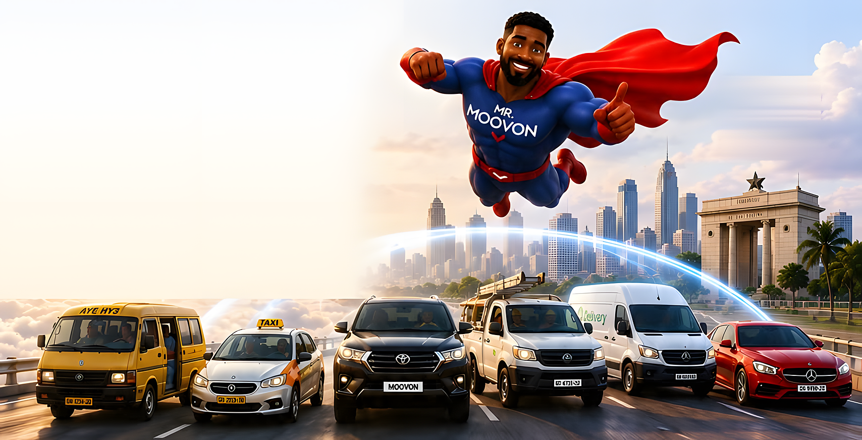Mr. Moovon superhero flying over a fleet of insured vehicles on an Accra highway