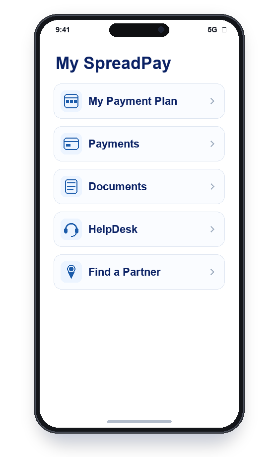 The My Moovon app showing a customer greeting, an active SpreadPay Protected policy, and menu items for policies, repayments, documents and referrals.
